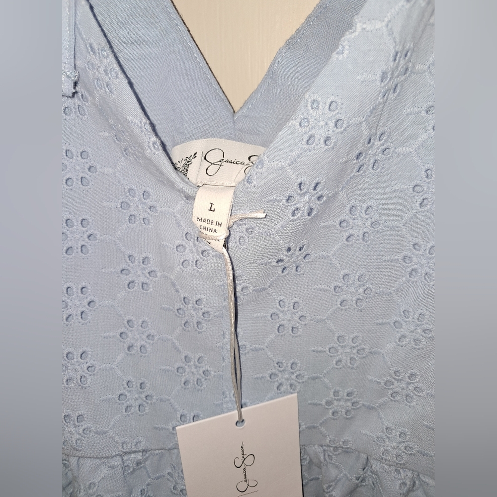 Jessica Simpson NEW cotton eyelet dress size large light blue V neck babydoll - Picture 7 of 12